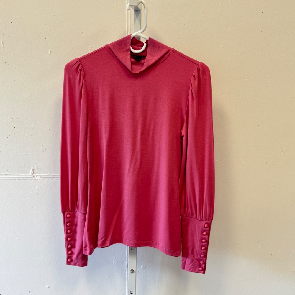 Ann Taylor Pink Mock Neck Puffed Shoulder Button Cuff Long Sleeve Blouse Top XS